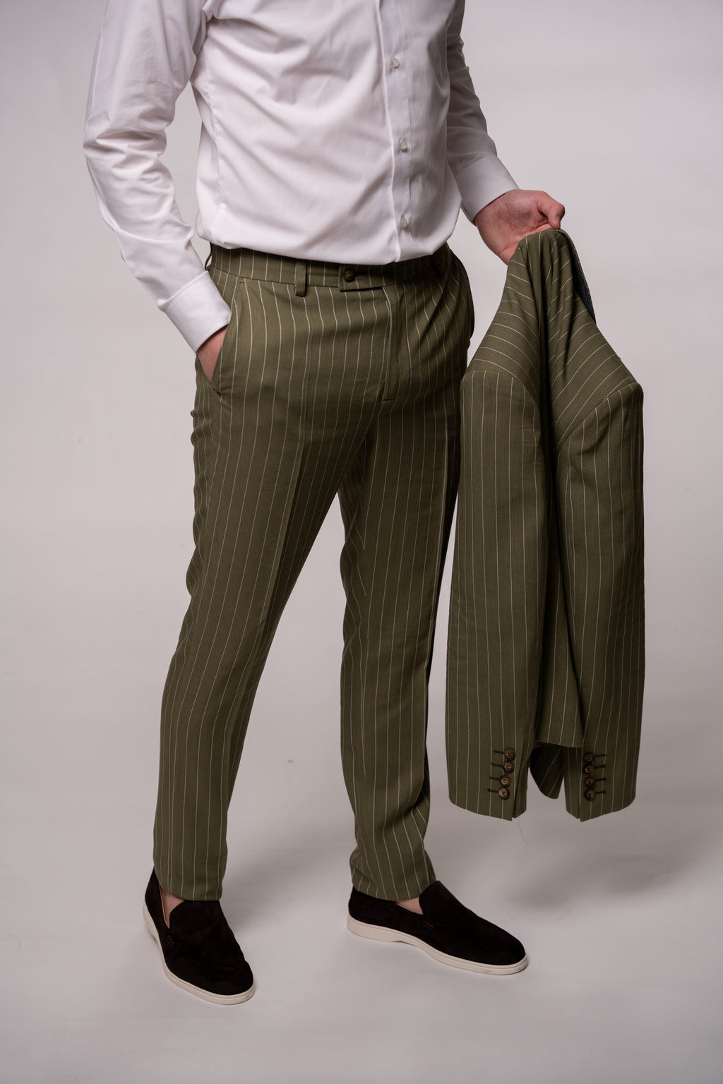 Men's green olive striped linen suit jacket from CoutureForGentlemen, featuring tailored fit and style details.