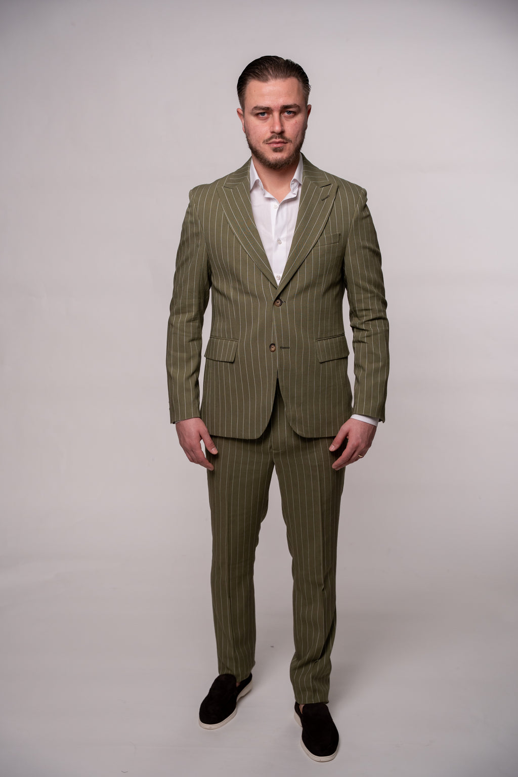 Olive green striped men's linen blazer, tailored fit, stylish formal jacket for men.