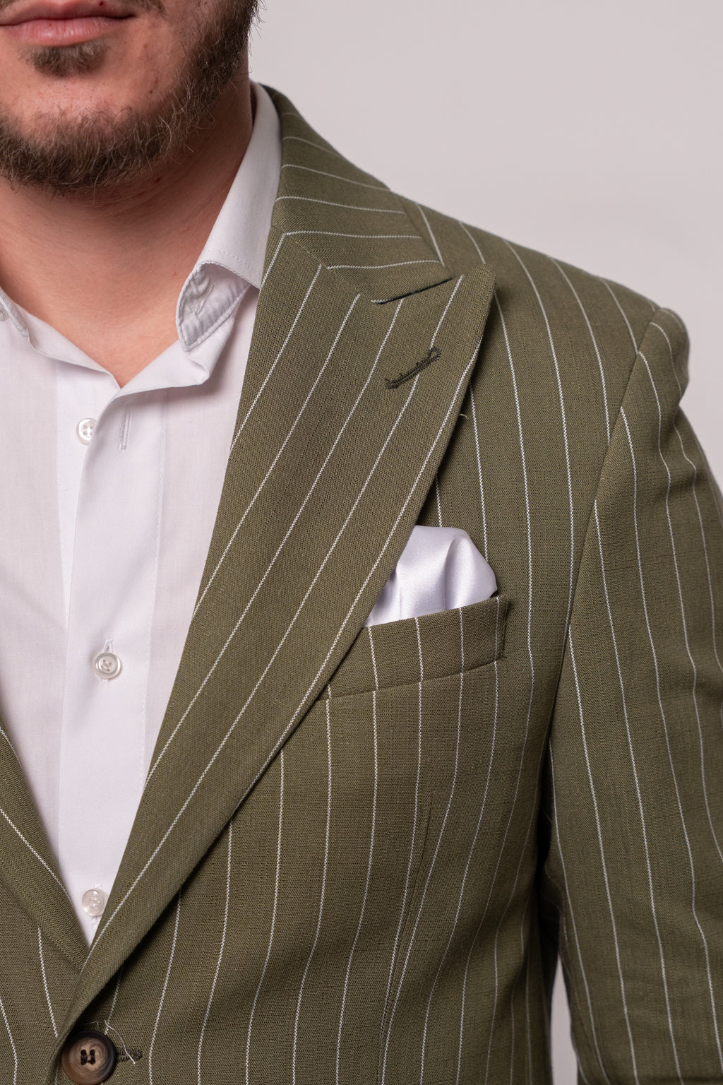 Men's green olive striped linen suit jacket, stylish and tailored, from CoutureforGentlemen.