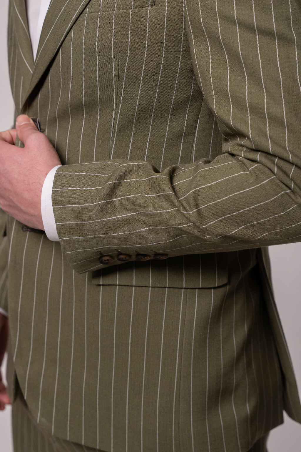 Men's olive green striped linen suit jacket, stylish and tailored, from CoutureforGentlemen.