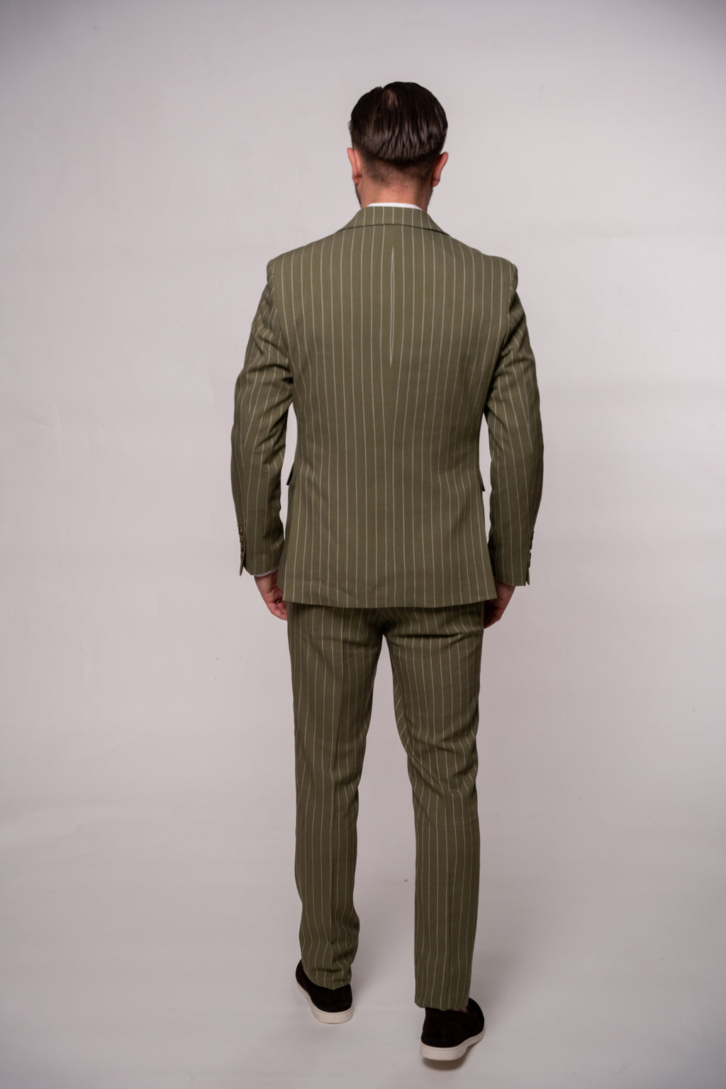 Men's green olive striped linen costume blazer with notch lapel, stylish and tailored for a sophisticated look.