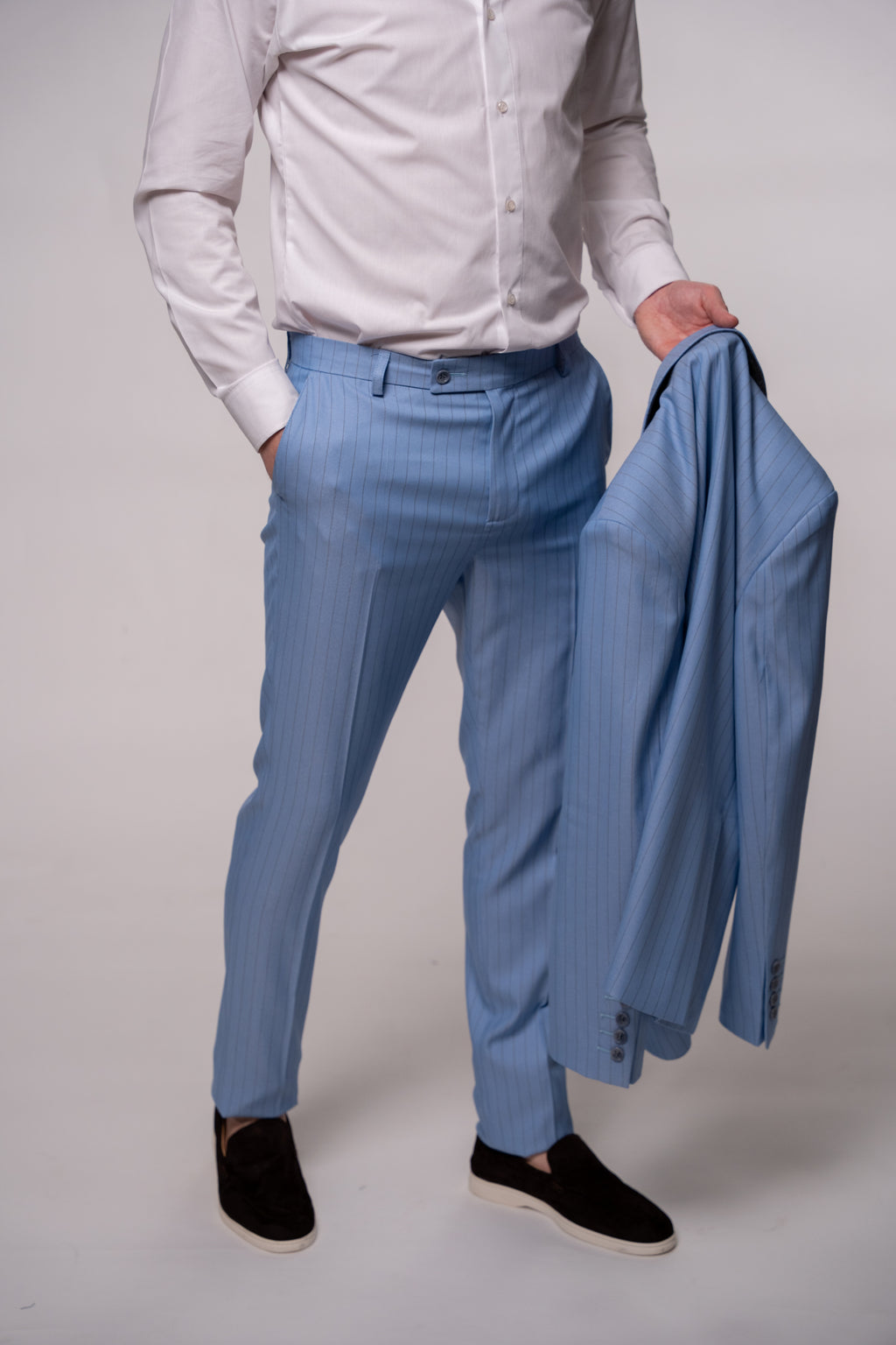 Light blue men's striped costume jacket, stylish blue suit blazer for men, formal wear by CoutureForGentlemen.