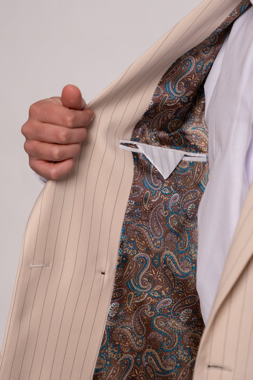 Beige men's blazer with two rows of buttons and striped pattern, stylish formal jacket by CoutureforGentlemen.