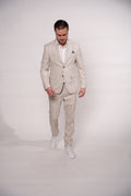 Light beige men's checkered suit jacket with a classic collar and button closure, suitable for formal and casual occasions.