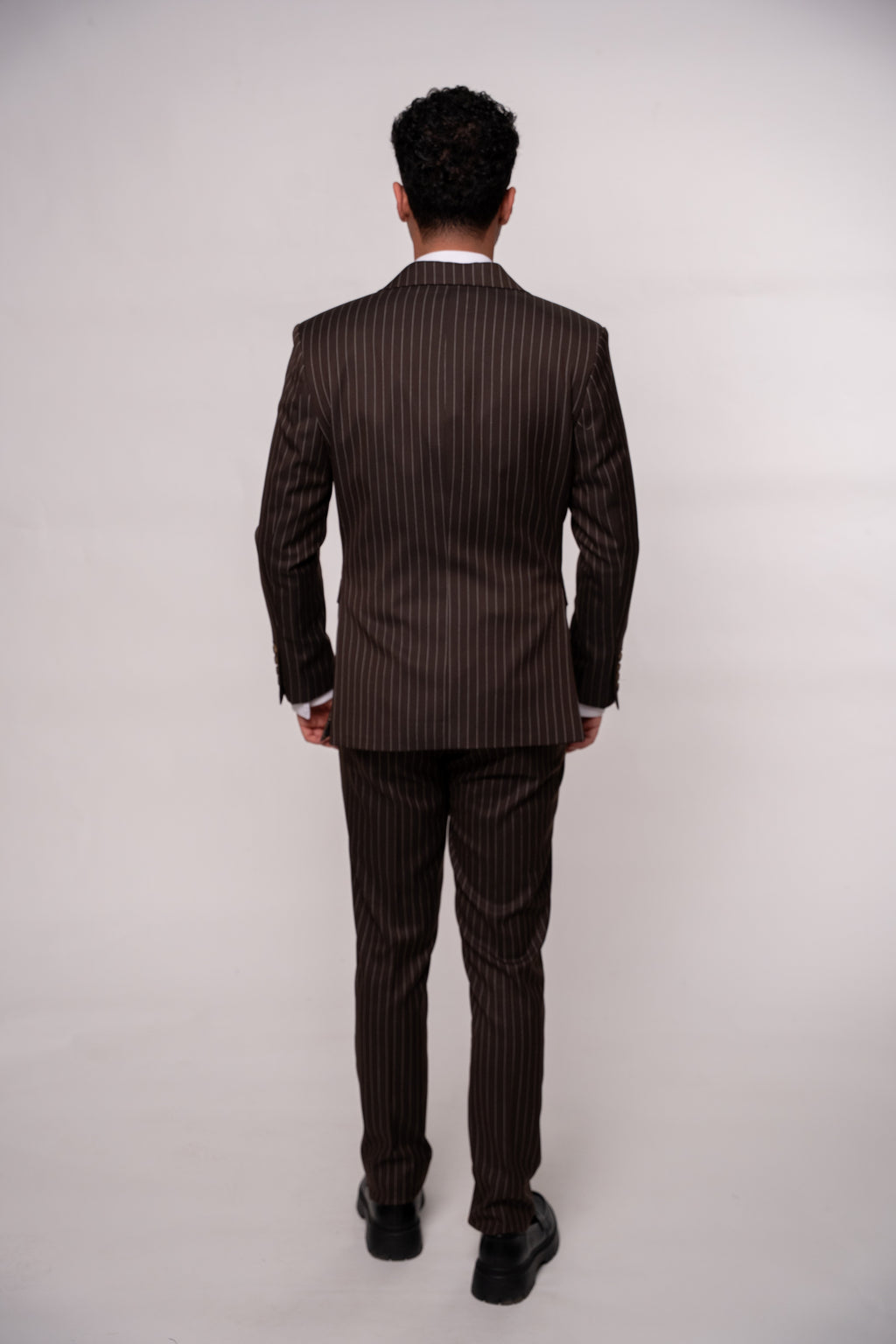 Maroon and beige striped double-breasted costume jacket with two rows of buttons, stylish and tailored by CoutureforGentlemen.