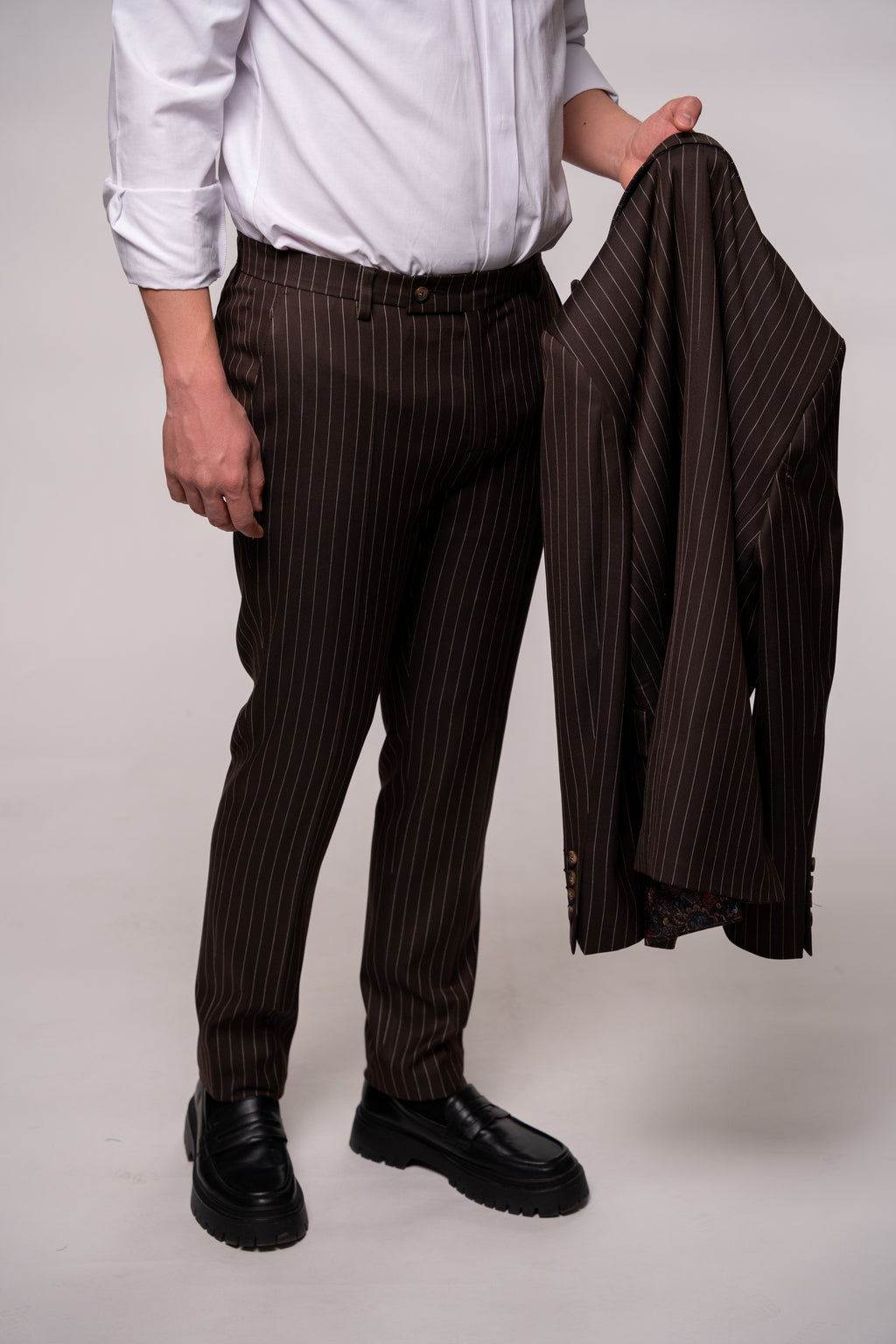 Maroon and beige striped double-breasted costume jacket with two rows of buttons, designed for men, from CoutureforGentlemen.ro.