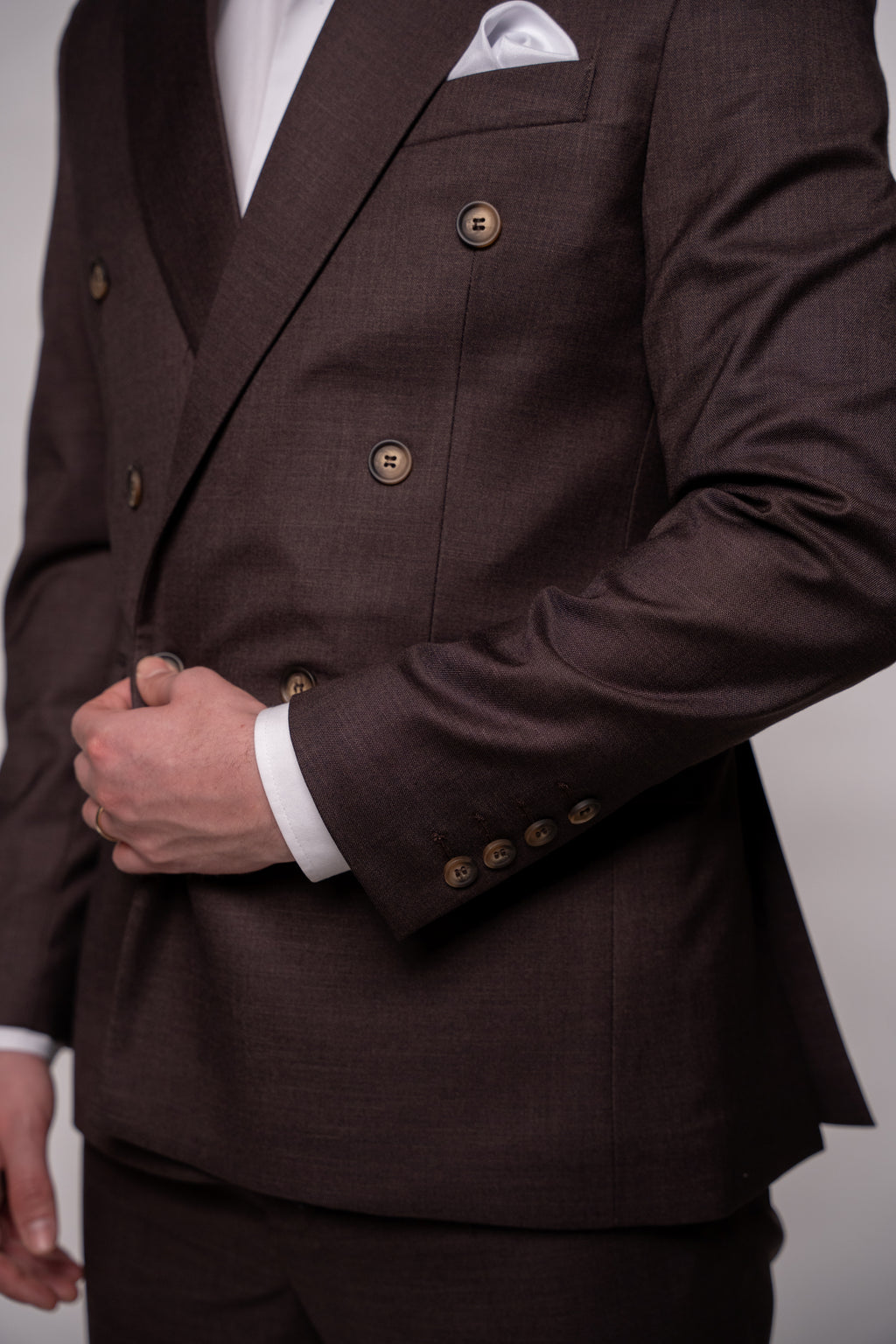 Chocolate brown Napoli men's button costume with two rows of buttons, featuring classic style and tailored fit.
