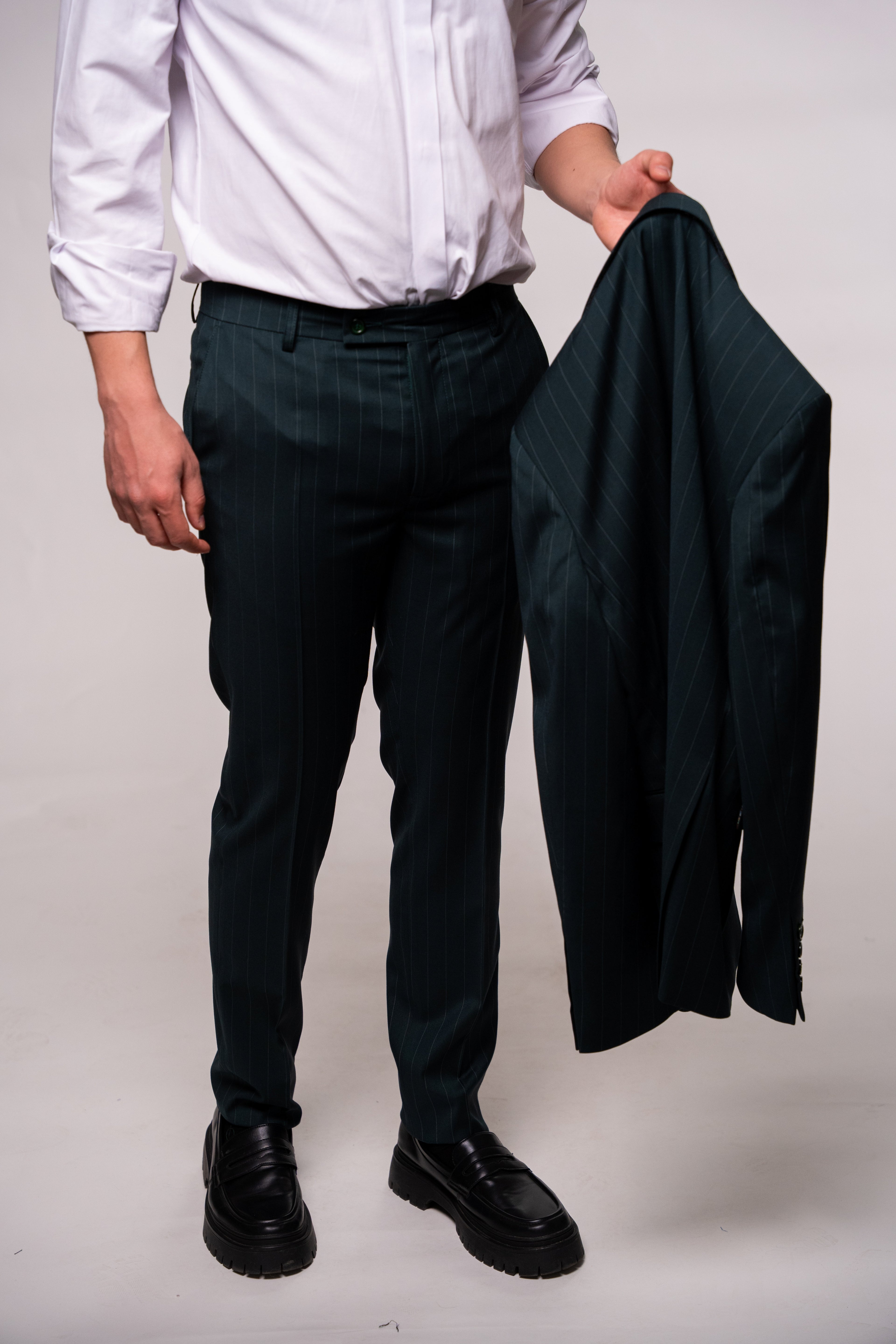 Men's green striped costume blazer from CoutureforGentlemen, featuring classic tailored fit and stylish design.
