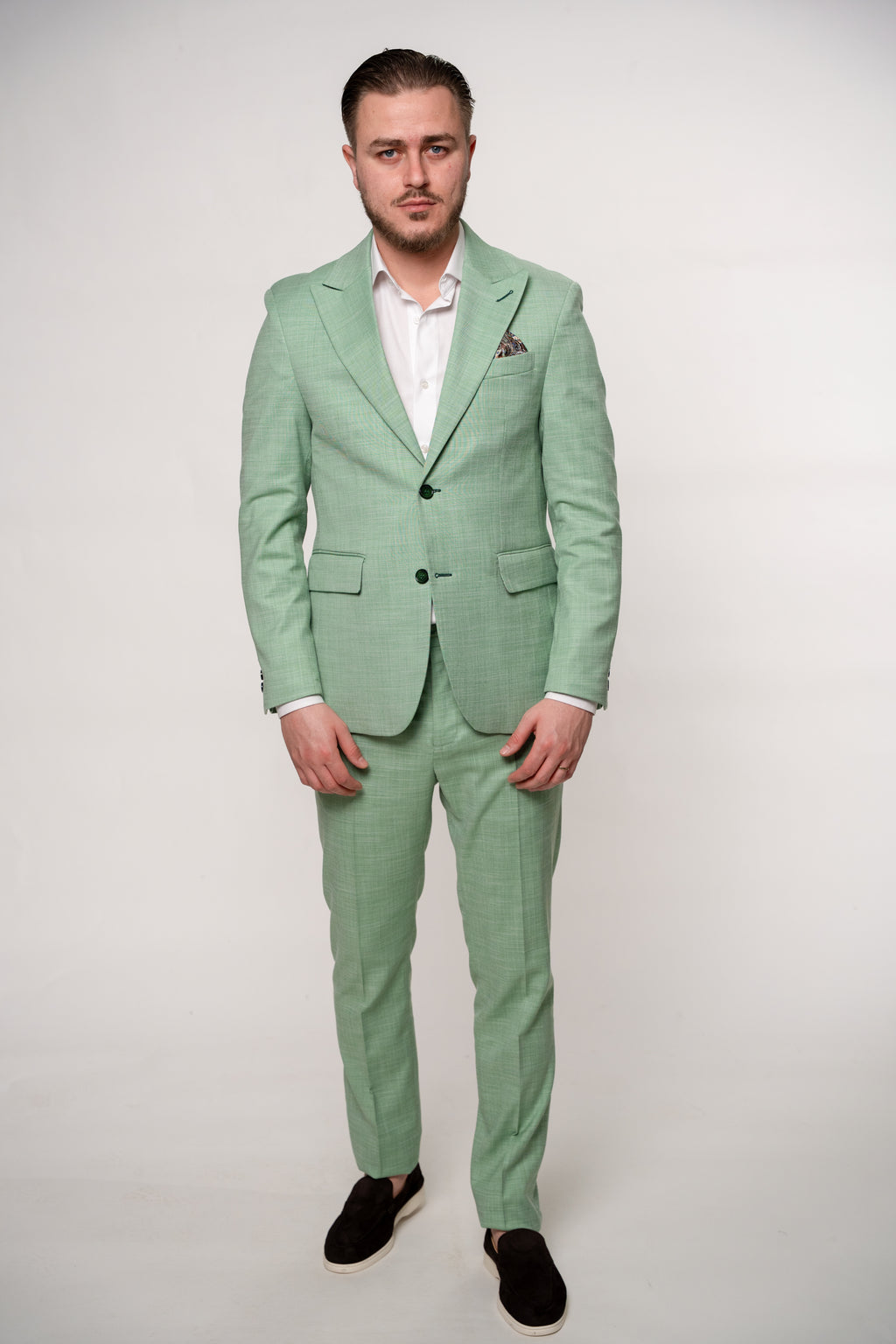 Men's Amalfi green costume jacket by CoutureforGentlemen, tailored fit with detailed lapels, shown in image DSC5551-2.