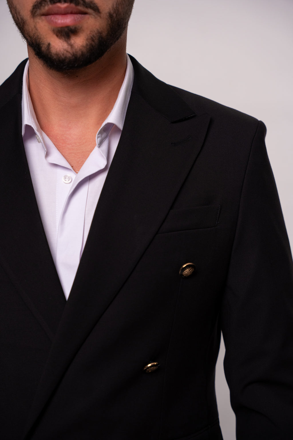 Black men's costume jacket with two rows of buttons, stylish formal blazer from CoutureforGentlemen.