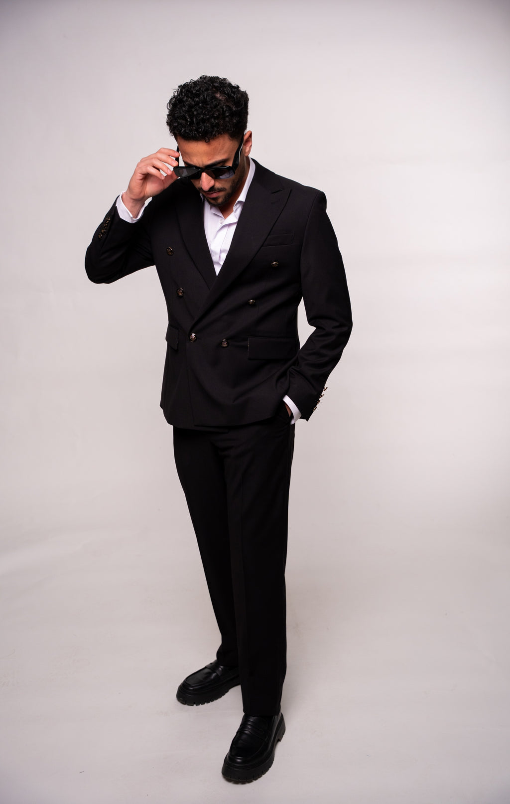 Black men's costume jacket with two rows of buttons, stylish formal blazer by CoutureforGentlemen.