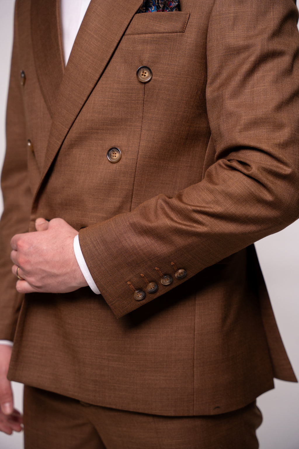 Men's brown double-breasted blazer with two rows of buttons, tailored fit, from Couture for Gentlemen.