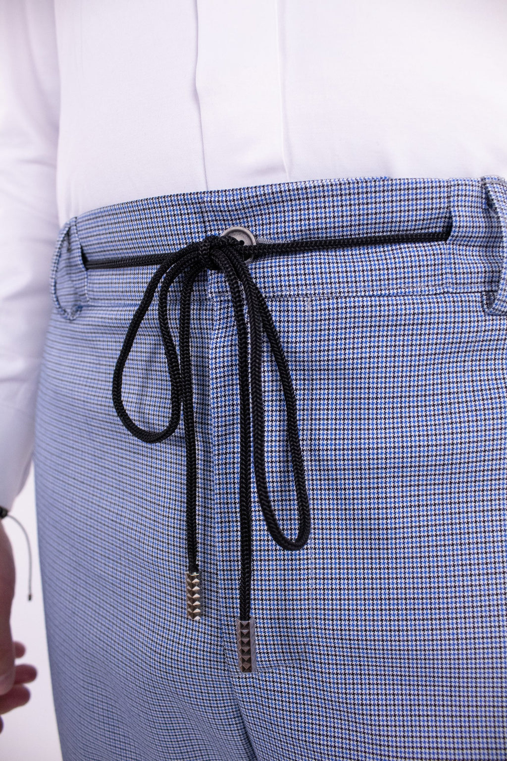 Blue comfort fit chino pants with textured fabric, men's casual trousers, stylish and versatile for everyday wear.