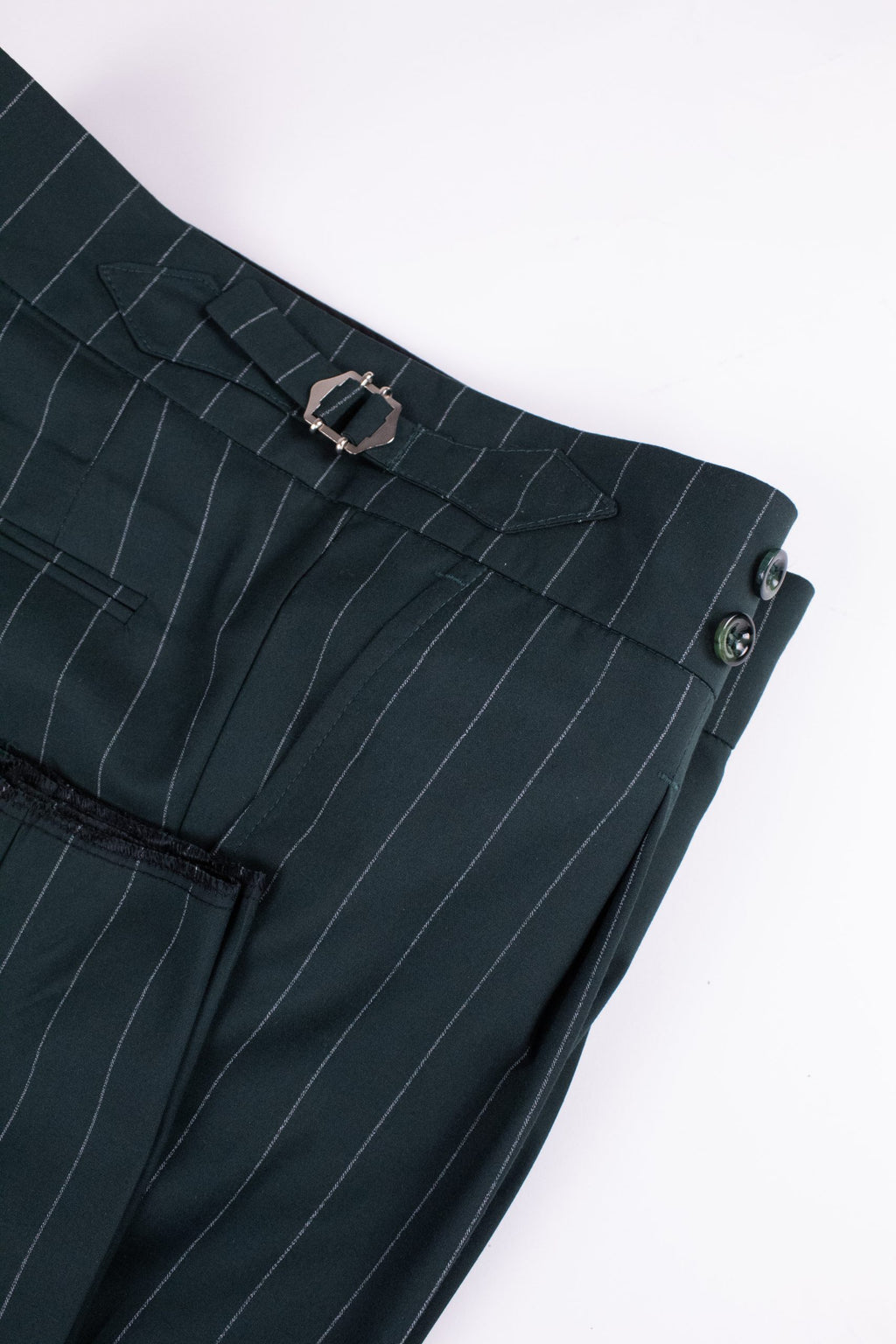 Italian-style green pinstripe pants from Couture for Gentlemen, featuring tailored fit and classic design.