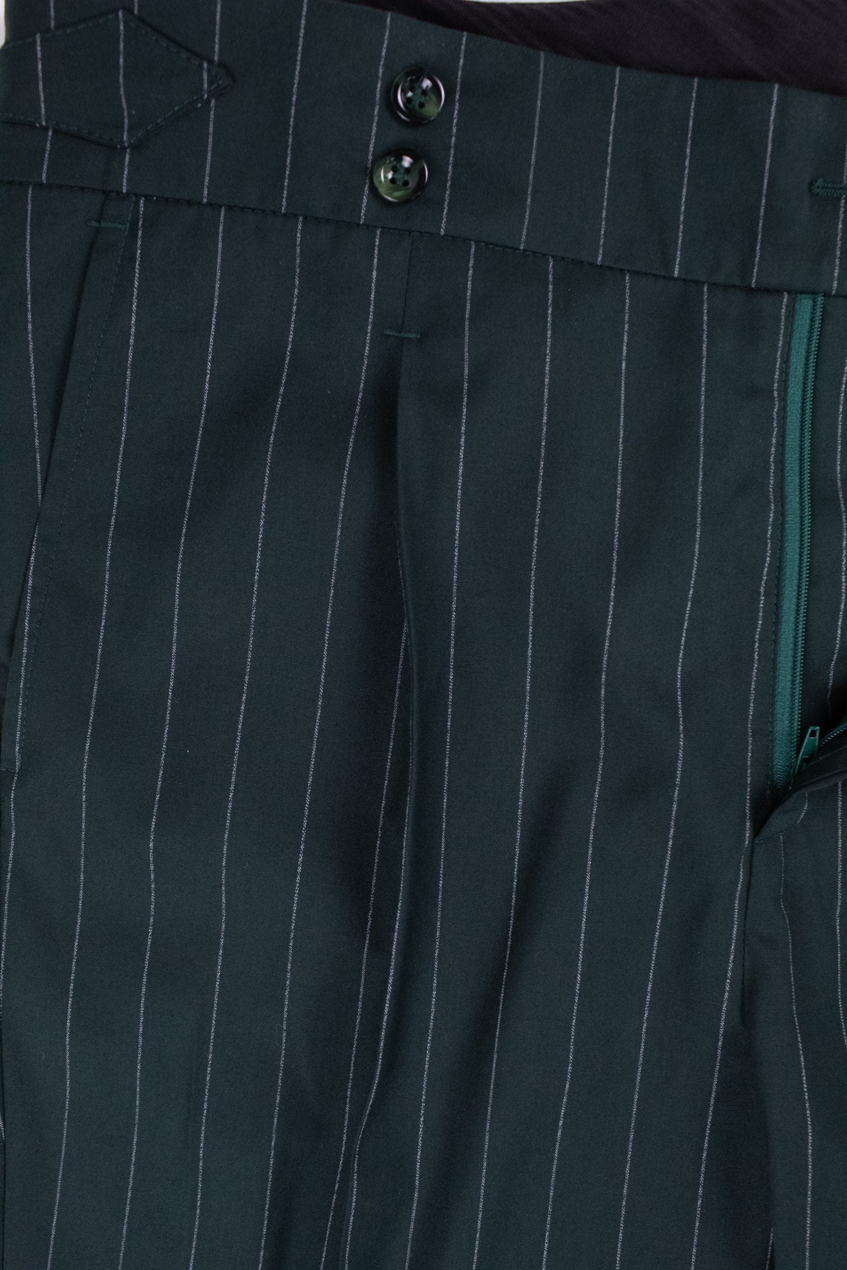 Italian-style men's green pinstripe pants from Couture for Gentlemen, featuring tailored fit and classic design.