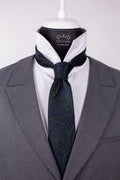 Dark navy green silk cravat with intricate pattern, stylish accessory for formal wear by coutureforgentlemen.ro