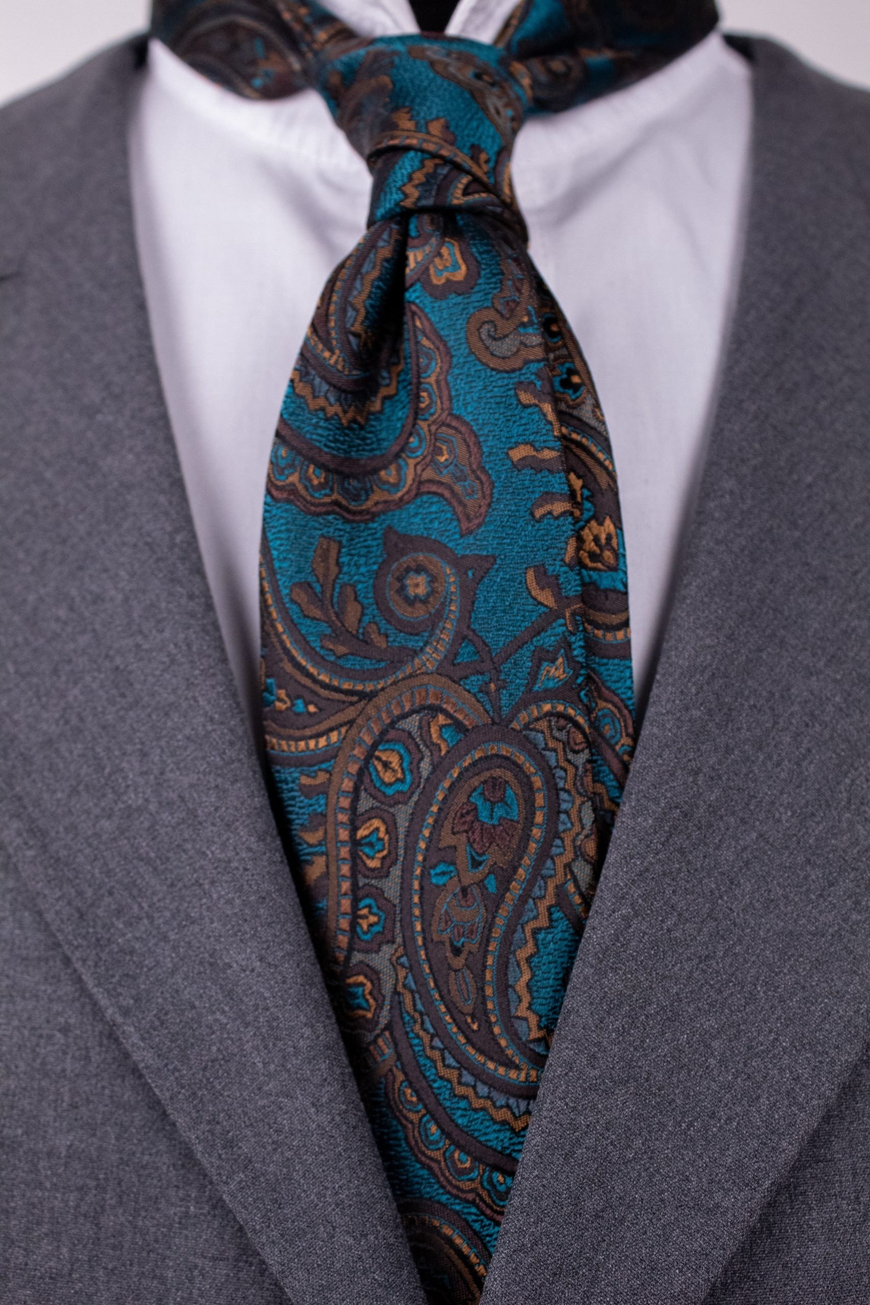 Cravată maro turcoaz, mătase naturală, Crv017
