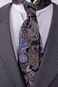 Black silk tie with colorful pattern, men's fashion accessory, stylish cravat for formal or business wear.