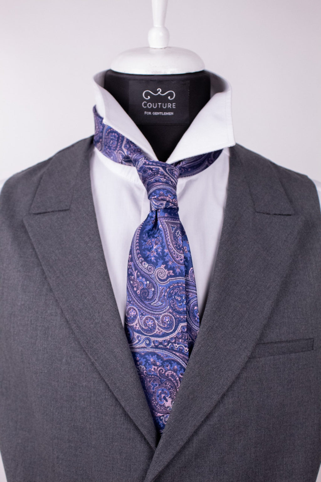 Purple silk cravat with elegant knot, designed for formal attire, from coutureforgentlemen.ro.