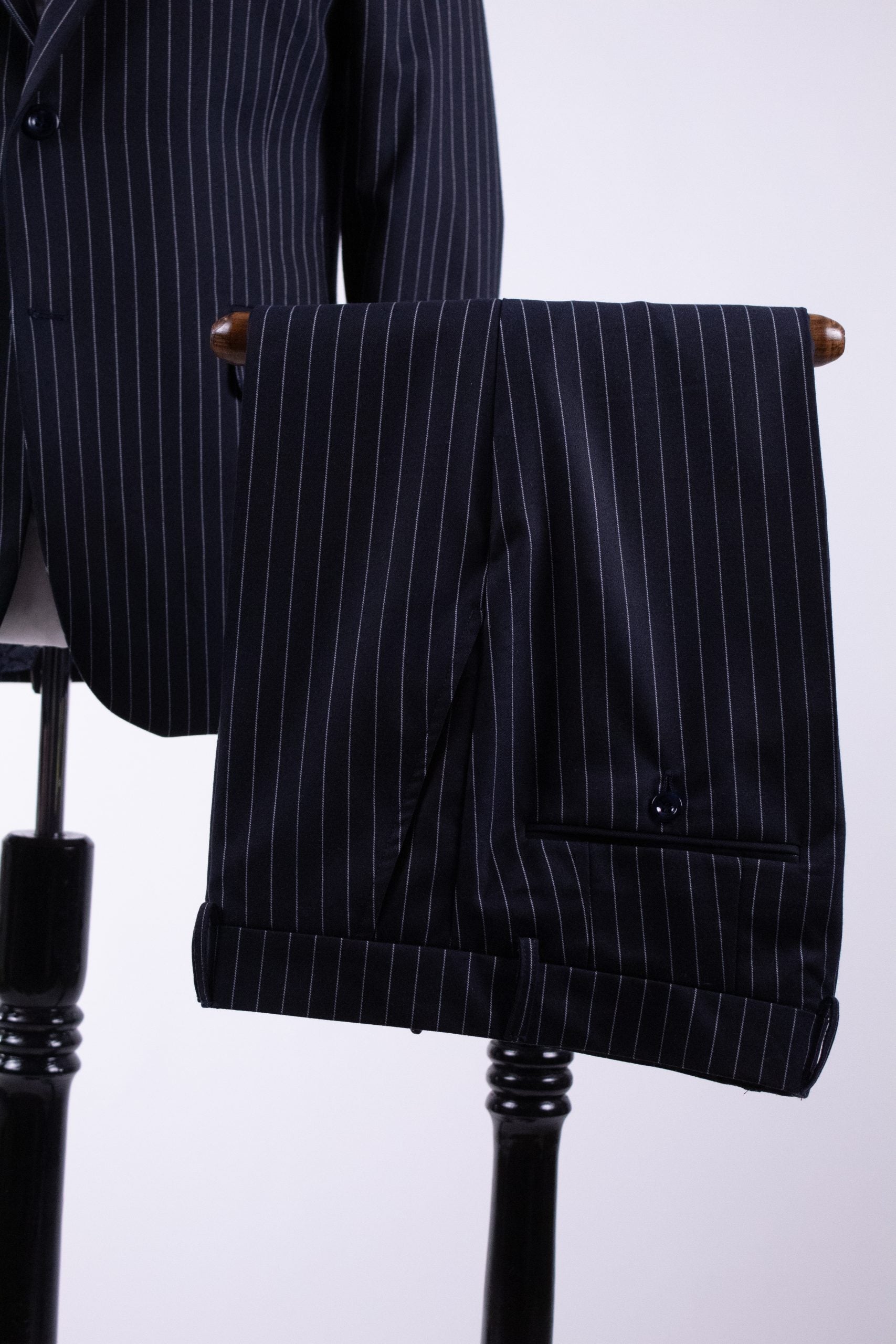 Blue pinstripe costume blazer from Milano CFG10 collection, tailored by CoutureforGentlemen, showing front view and lapel details.