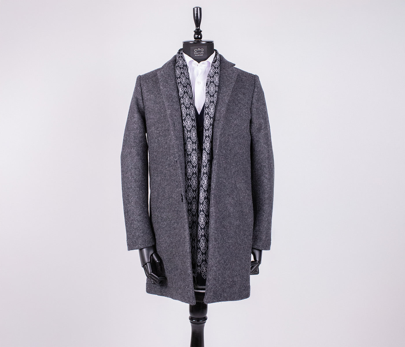 Dark gray men's overcoat, model PAR008, showcasing a stylish and tailored outerwear piece from Couture for Gentlemen.