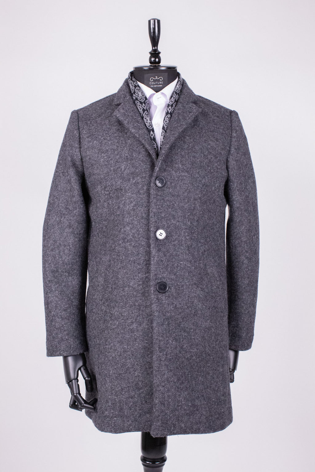 Dark gray men's parka coat from CoutureforGentlemen, featuring a stylish, casual design with a hood and zipper closure.