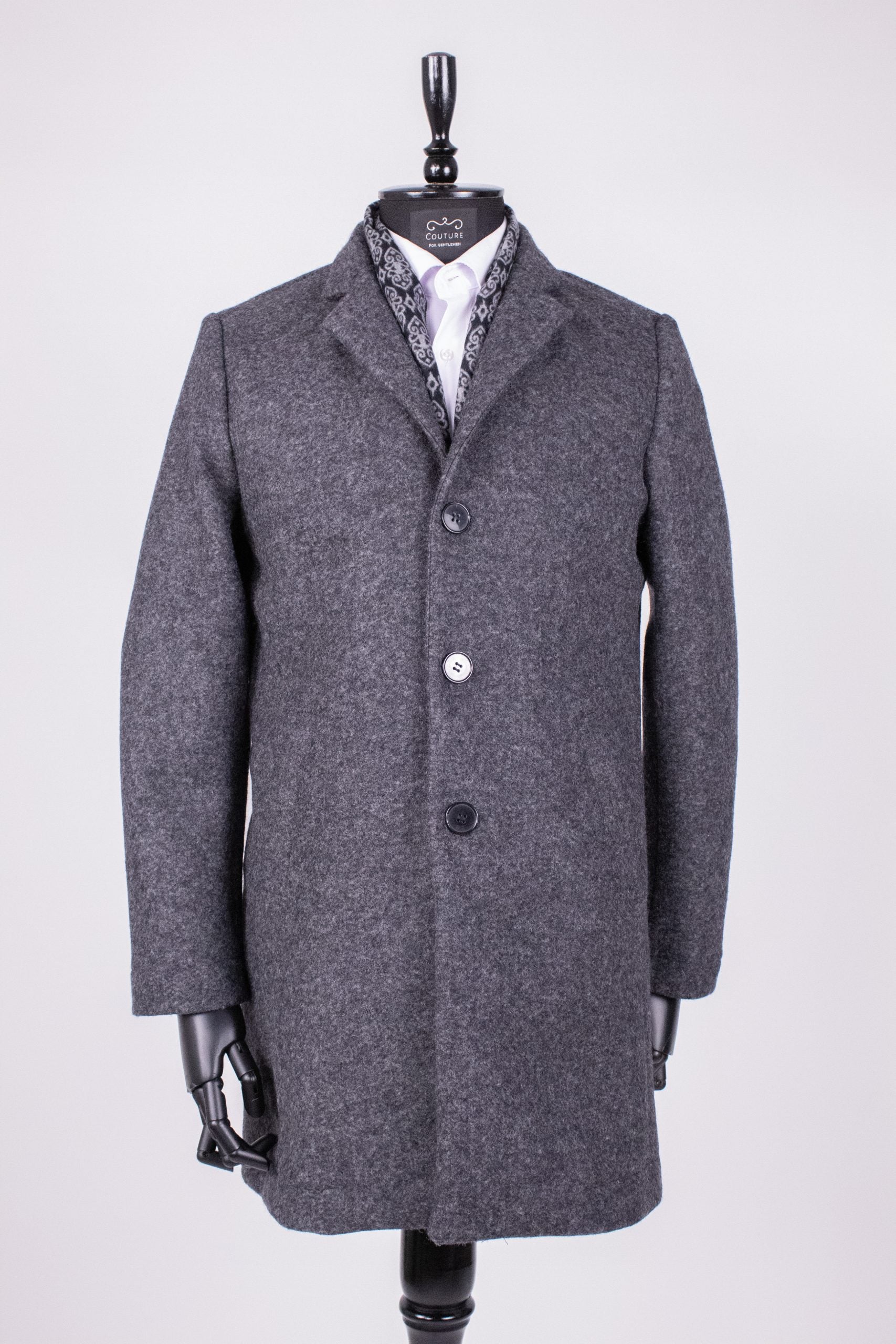 Dark gray men's parka coat from CoutureforGentlemen, featuring a stylish, casual design with a hood and zipper closure.