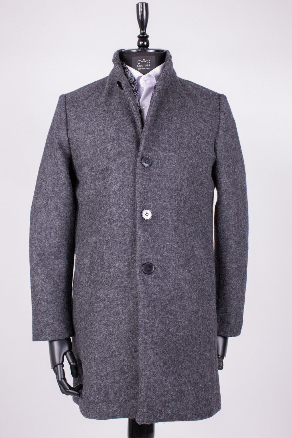 Dark gray men's coat, PAR008 by Couture for Gentlemen, shown on a hanger with a tailored fit and classic style.