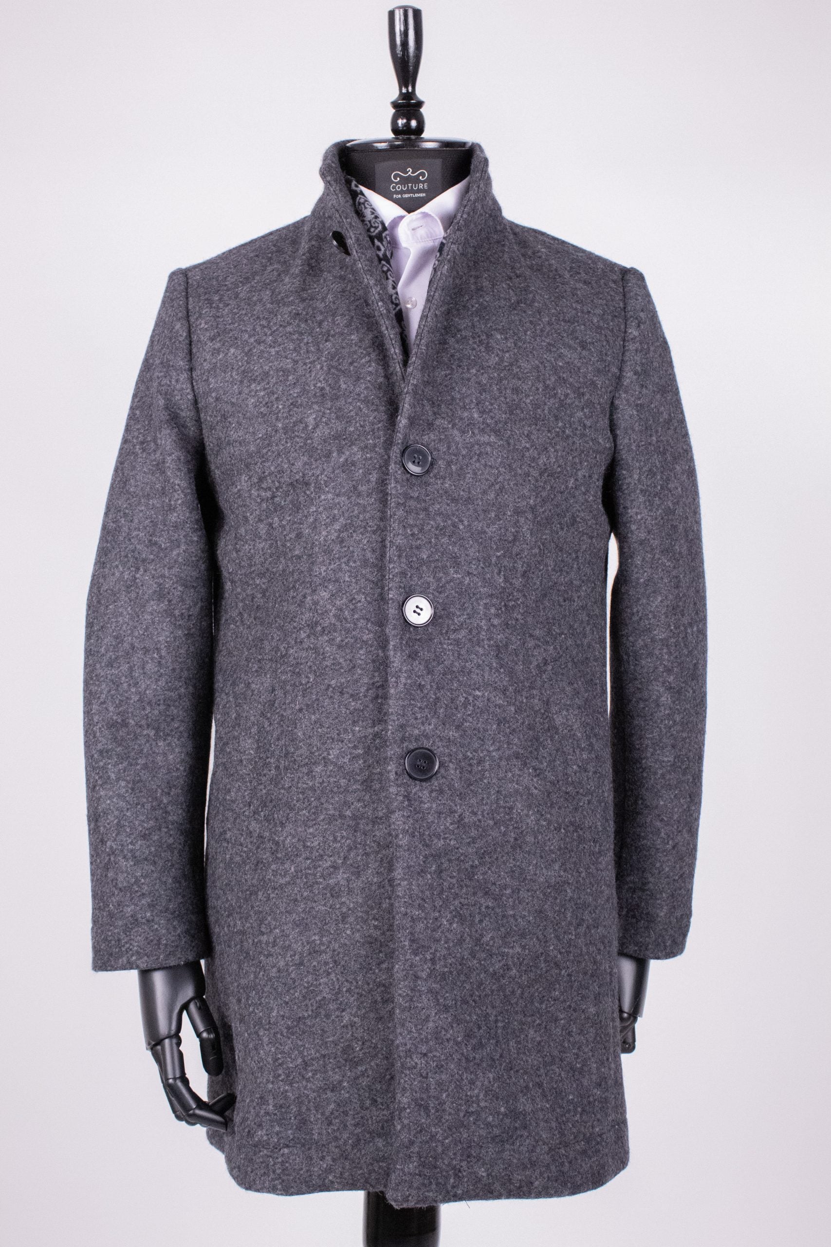 Dark gray men's coat, PAR008 by Couture for Gentlemen, shown on a hanger with a tailored fit and classic style.