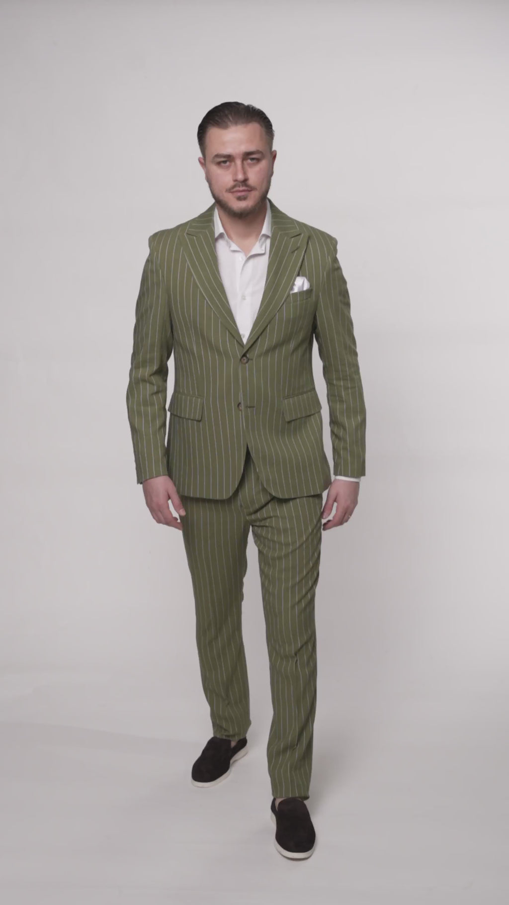Costum barbati din in verde olive dungi